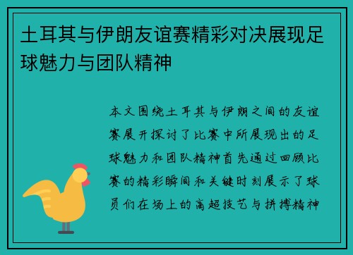 土耳其与伊朗友谊赛精彩对决展现足球魅力与团队精神